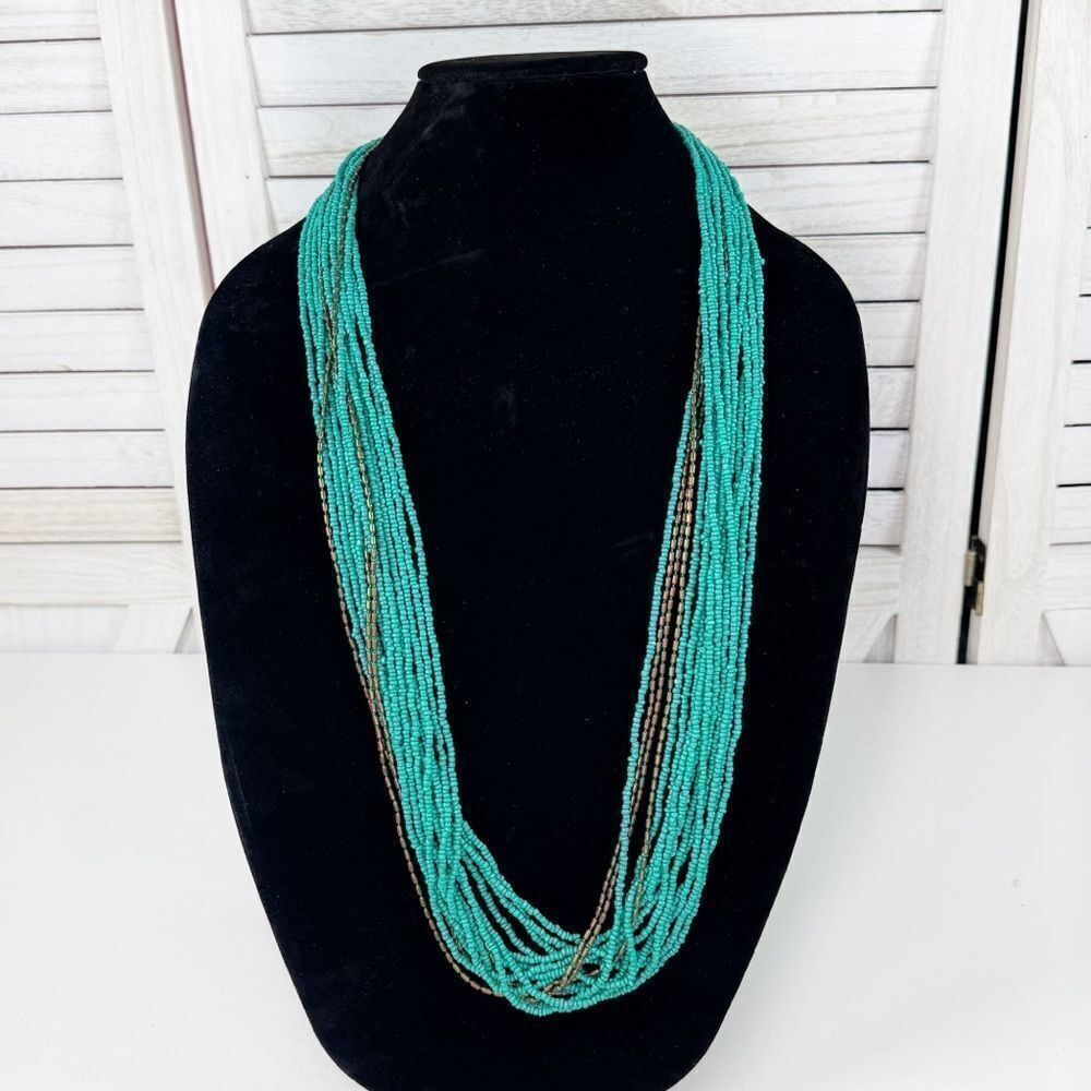 Multi Strand Beaded Necklace Turquoise‎ Silver Long Southwestern Western Boho